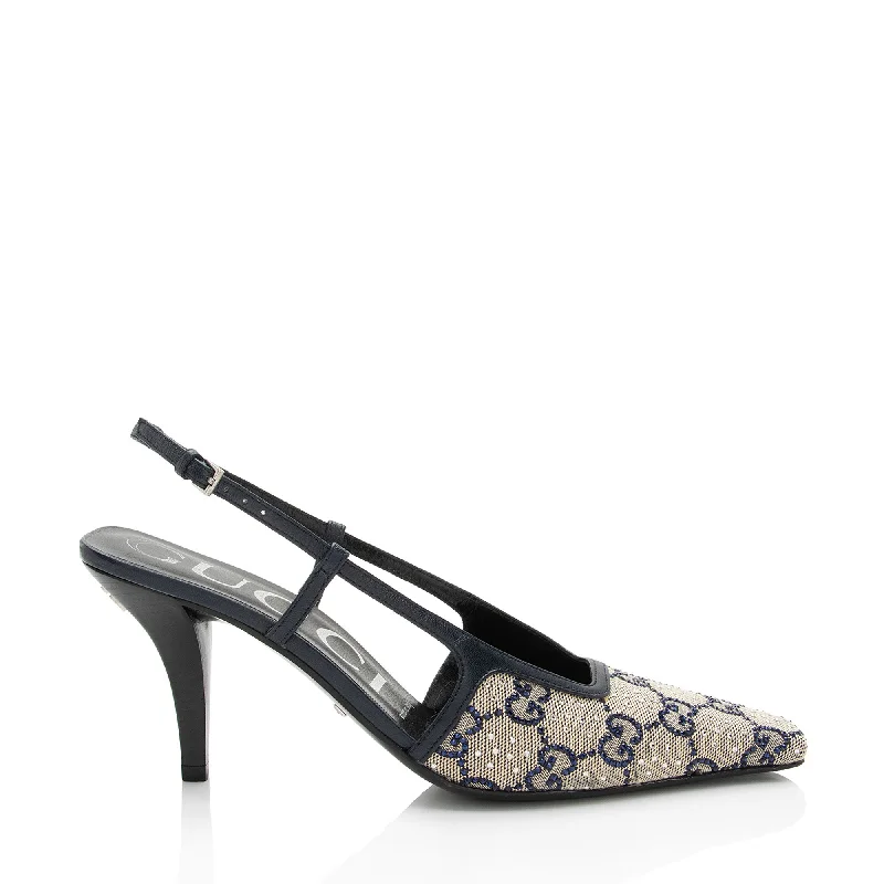 Women's charcoal gray stiletto heel pumps for a neutral yet stylish optionGucci GG Canvas Malaga Crystal G Slingback Pumps