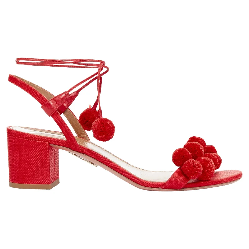 Women's evening gala stiletto heel pumps in a long - lasting colorAquazzura pom pom red raffia applique ankle tie mid heels