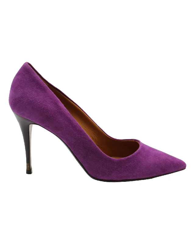 Women's platform stiletto heel pumps with a chunky soleFendi Pointed Pumps in Purple Goat Suede