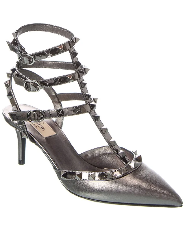 Women's non - slip stiletto heel pumps for safety on slippery floorsValentino Rockstud Caged 65 Leather Ankle Strap Pump