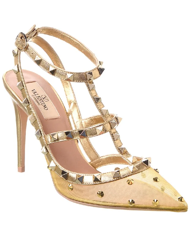 Women's burgundy stiletto heel pumps for a sophisticated appearanceValentino Rockstud Caged 100 Mesh & Leather Pump