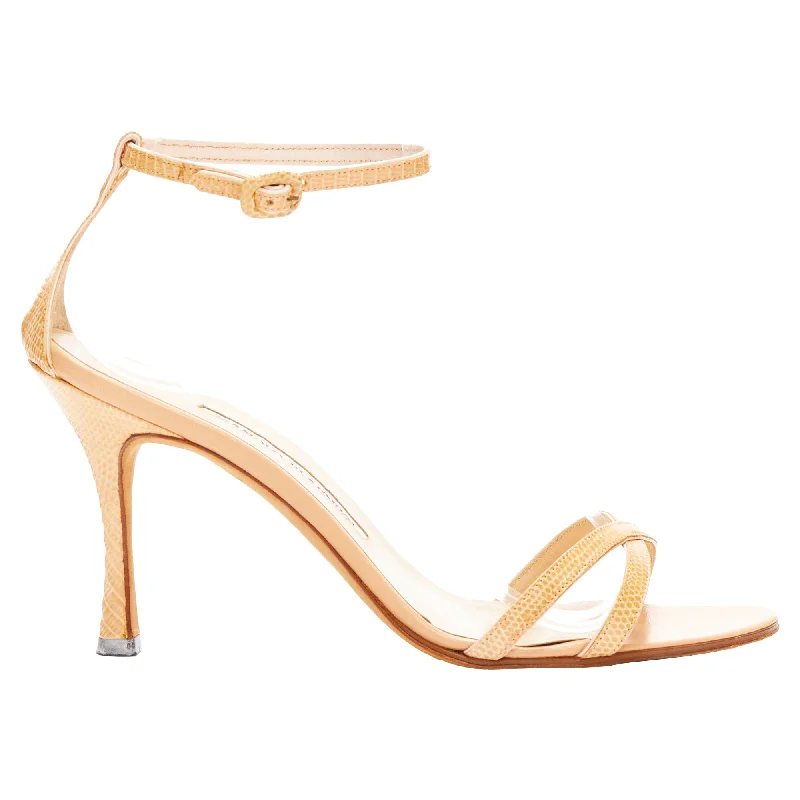 Women's velvet - covered stiletto heel pumps for a luxurious lookManolo Blahnik nude scaled leather minimal strappy sandals