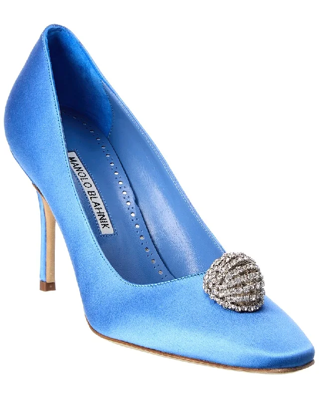 Women's hot pink stiletto heel pumps for a fun night outManolo Blahnik Elbolita 90 Satin Pump