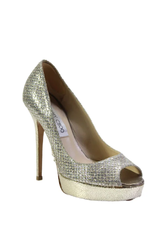 Women's patent leather stiletto heel pumps with a high - shine finishJimmy Choo Womens Peep Toe Platform Pumps Silver Metallic Gold
