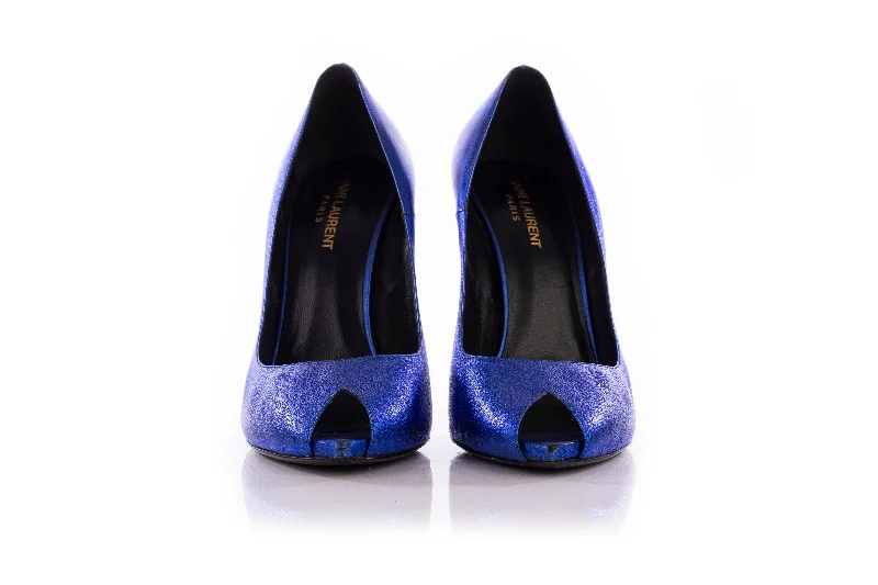 Women's party stiletto heel pumps with a glittery finishSaint Laurent Blue Metallic Peeptoe Pumps
