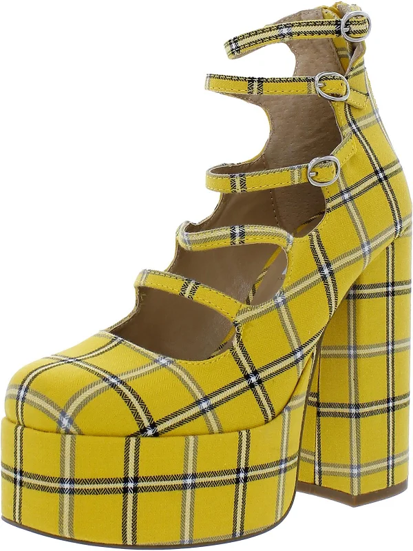 Women's cocktail party stiletto heel pumps with a unique patternRosario Womens Canvas Plaid Platform Heels