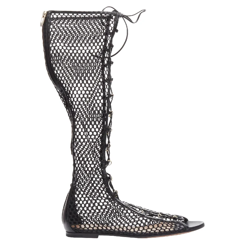 Women's forest green stiletto heel pumps for a nature - inspired lookGianvito Rossi Helena crochet mesh rings lace up sandals
