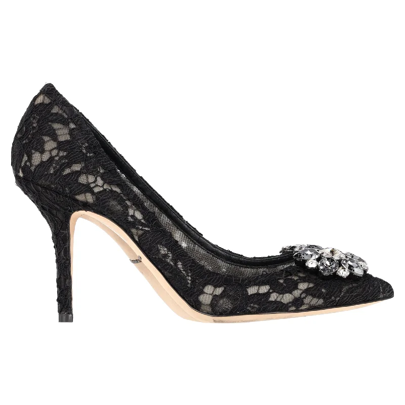 Women's brocade stiletto heel pumps with a vintage feelDolce & Gabbana Lace Rainbow Pumps with Brooch in Black Rayon