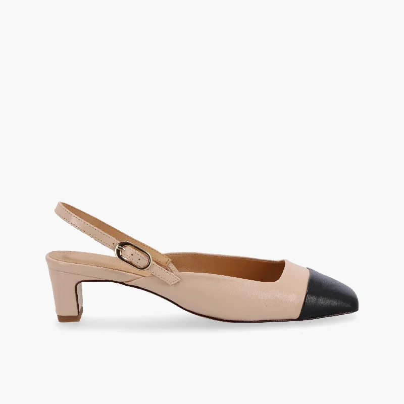 Women's cocktail party stiletto heel pumps with a unique patternLindy Bicolor Cream Black Leather Pumps