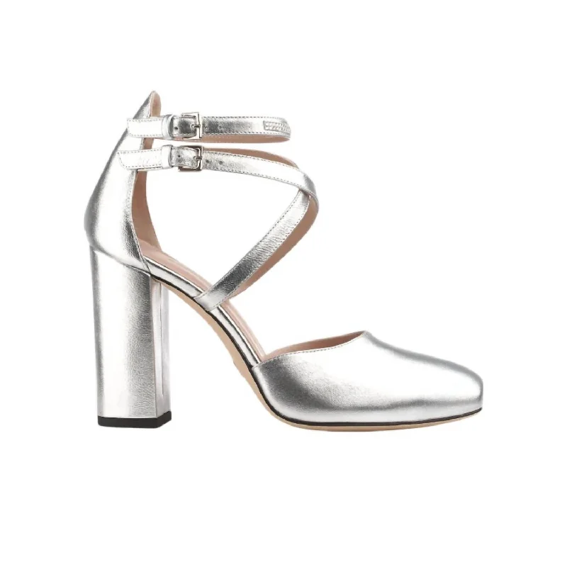 Women's wedding stiletto heel pumps with a pearl - encrusted strapWomen's Mary Jane Babies Square Heel Shoes In Metallic Silver