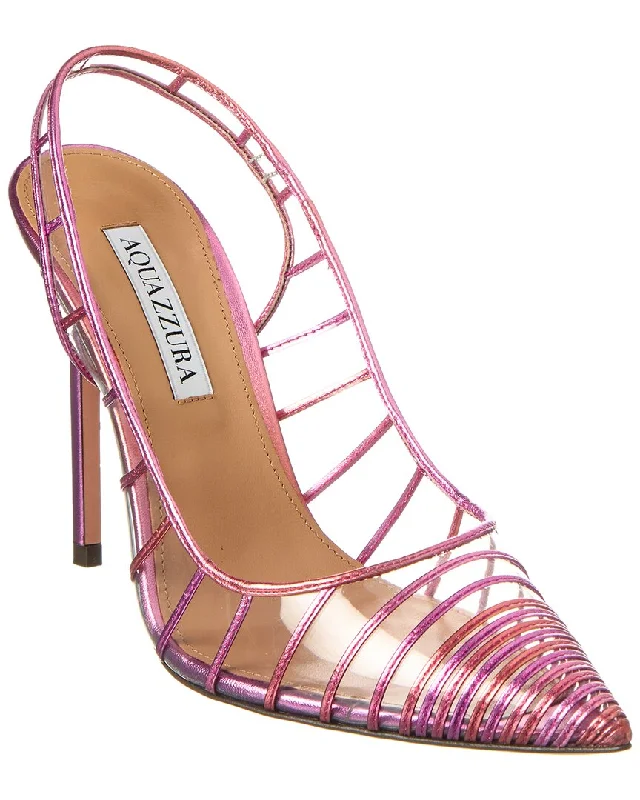 Women's mustard yellow stiletto heel pumps for a trendy pop of colorAquazzura Call Me 105 Vinyl & Leather Slingback Pump