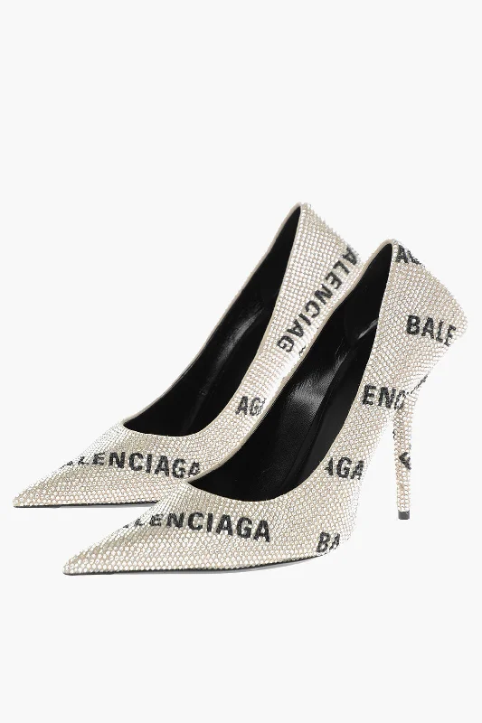 Women's patent leather stiletto heel pumps with a high - shine finishBalenciaga Rhinestoned Pumps With All-Over Logo 11Cm