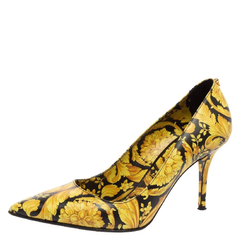 Women's genuine leather stiletto heel pumps with a soft finishPre-Loved Abstract Medusa Pointed Toe Pumps In Black & Yellow