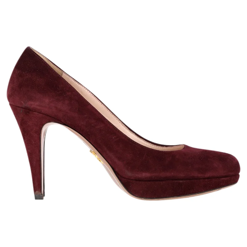 Women's holiday party stiletto heel pumps with a festive touchPrada Platform Heel Pumps in Burgundy Suede