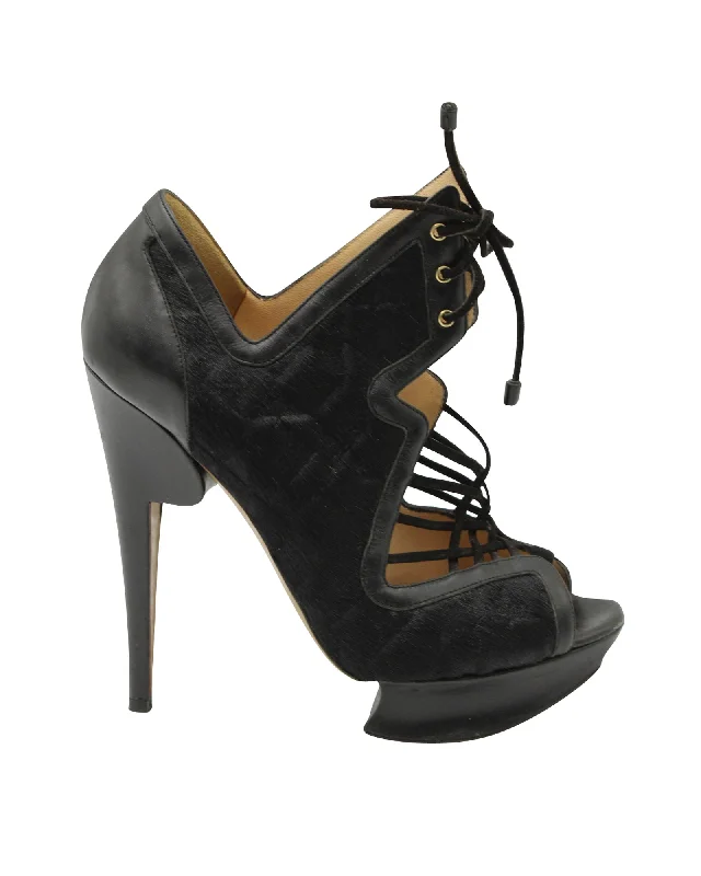 Women's non - slip stiletto heel pumps for safety on slippery floorsNicholas Kirkwood Caged Lace Up Heeled Sandals in Black Pony Hair