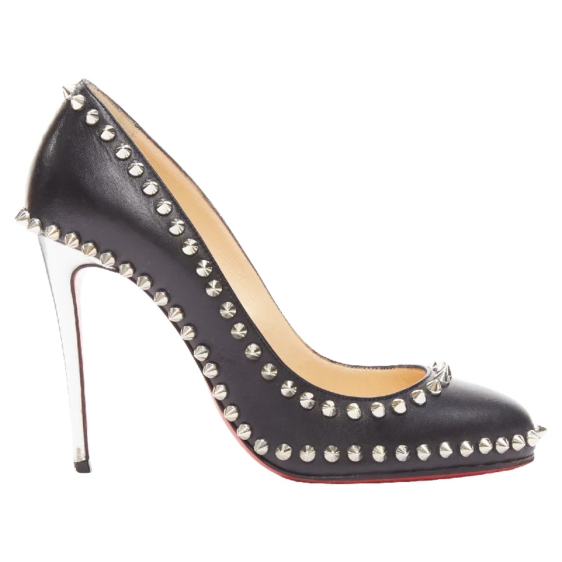 Women's charcoal gray stiletto heel pumps for a neutral yet stylish optionChristian Louboutin Dorispiky silver punk spike stud round pump