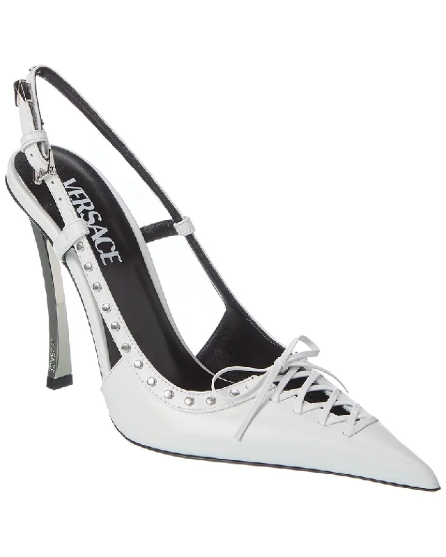 Women's cork - sole stiletto heel pumps for a natural touchVersace Laced Pin-Point Leather Slingback Pump