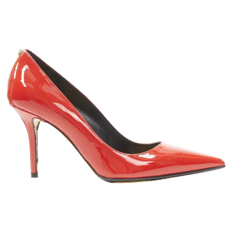 Women's cocktail party stiletto heel pumps with a unique patternVERSACE Hibiscus Barocco  patent Medusa stud pump