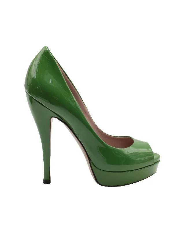 Women's padded - insole stiletto heel pumps for added comfortGucci Peep-Toe High Heel Pumps in Green Patent Leather