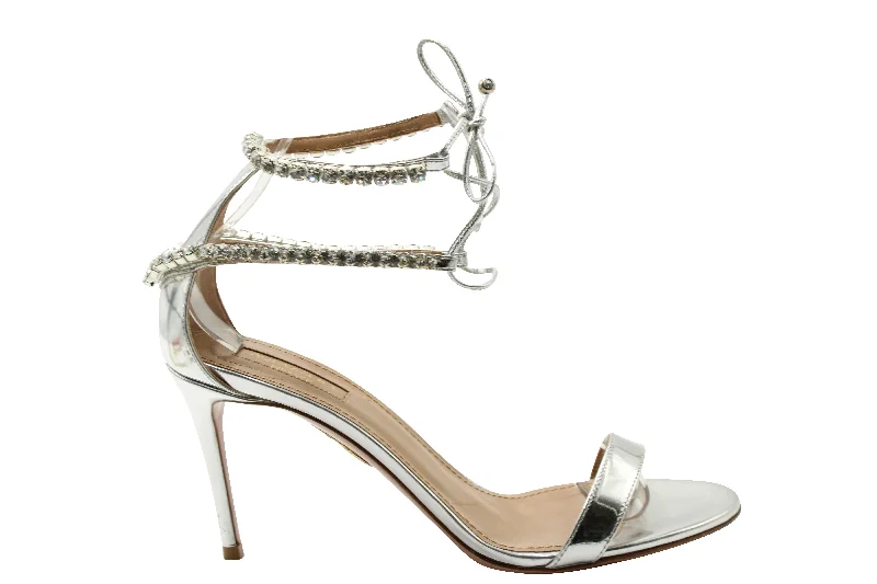 Women's pointed - toe slingback stiletto heel pumps in a peep - toe designAquazzura Crillon Sandals in Metallic Silver Leather