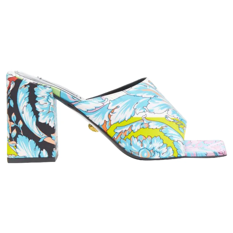 Women's wide - width stiletto heel pumps for a comfortable fitVersace Technicolor Baroque Open Round Toe Block Heel Sandals
