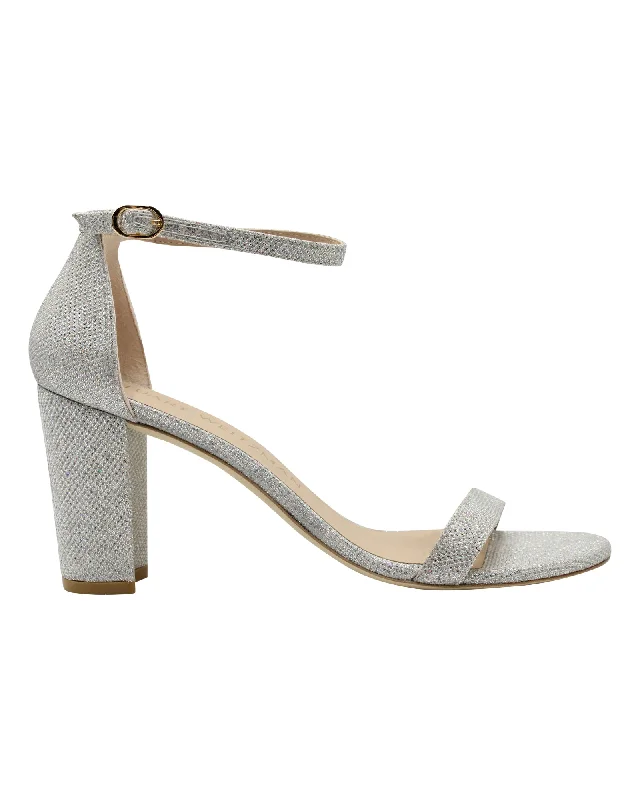 Women's stretchy stiletto heel pumps for easy on and offStuart Weitzman Nearly Nude Glitter Open-toe Sandals in Silver Polyester