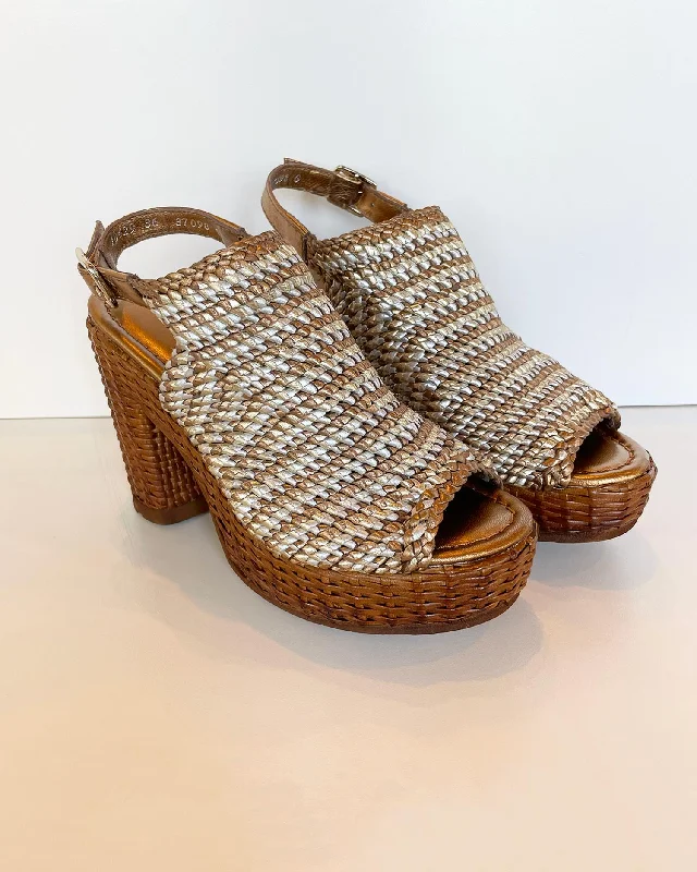 Women's teal stiletto heel pumps for a unique and modern lookCannes Woven Leather Platform Heel In Platinum/silver