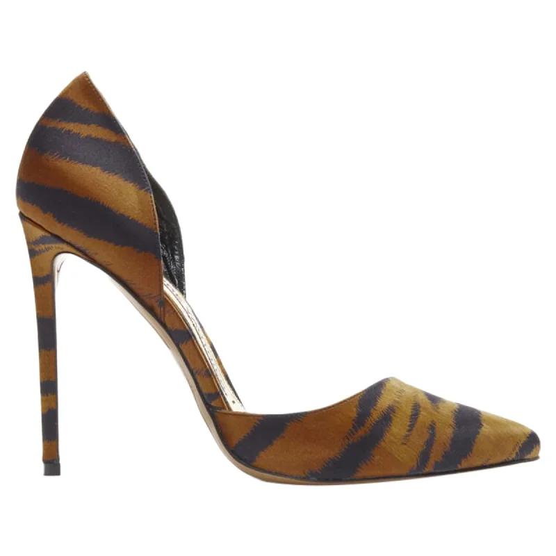 Women's ruffled stiletto heel pumps for a romantic styleAlexandre Vauthier Angelina brown black tiger satin stiletto pumps