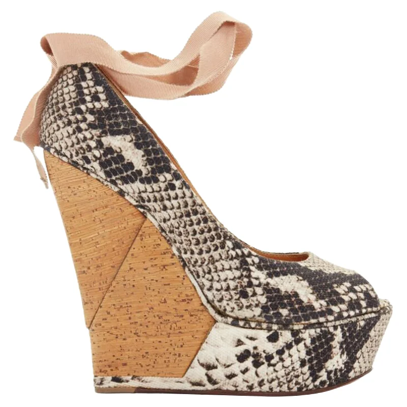 Women's peach stiletto heel pumps for a soft and feminine appealLanvin Alber Elbaz Scaled Leather Print Wedge Ribbon Ankle Strap Heel