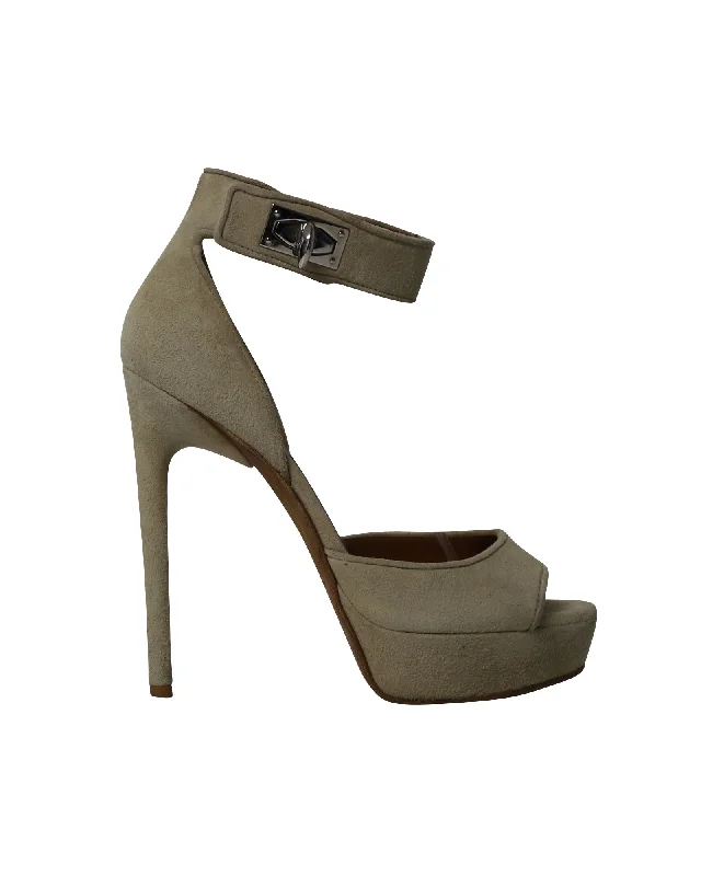 Women's holiday party stiletto heel pumps with a festive touchGivenchy Shark Lock High-Heeled Sandals in Khaki Suede