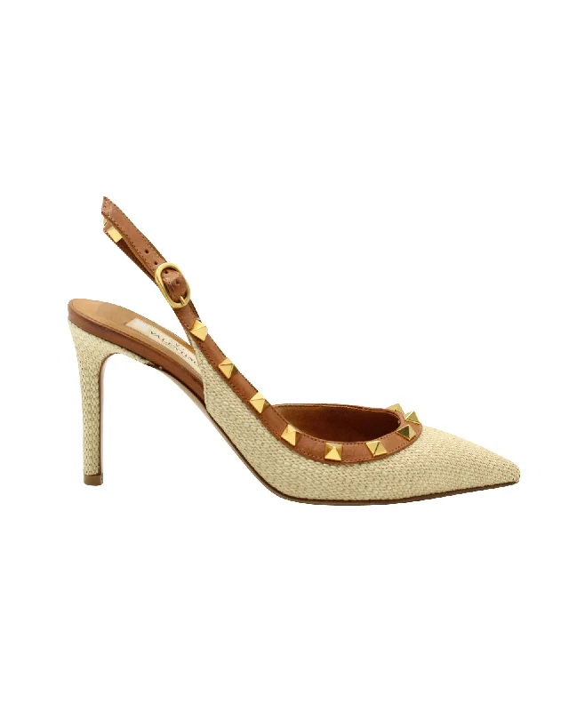 Women's metallic leather stiletto heel pumps with a reflective surfaceValentino Garavani Rockstud Leather Trimmed Slingback Heels in Beige Raffia