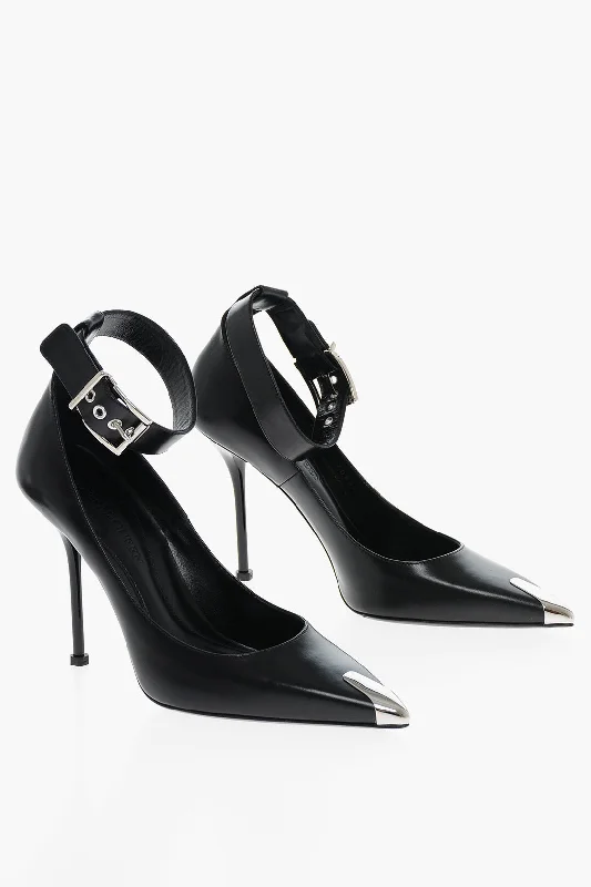 Women's metallic leather stiletto heel pumps with a reflective surfaceAlexander Mcqueen Ankle Strap Leather Pumps With Shiny Stiletto Heel 11Cm