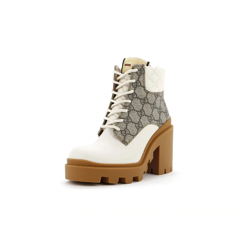 Women's mule - style stiletto heel pumps with a bow accentWomen's Lace Up Heeled Ankle Boots GG Coated Canvas with Quilted Leather