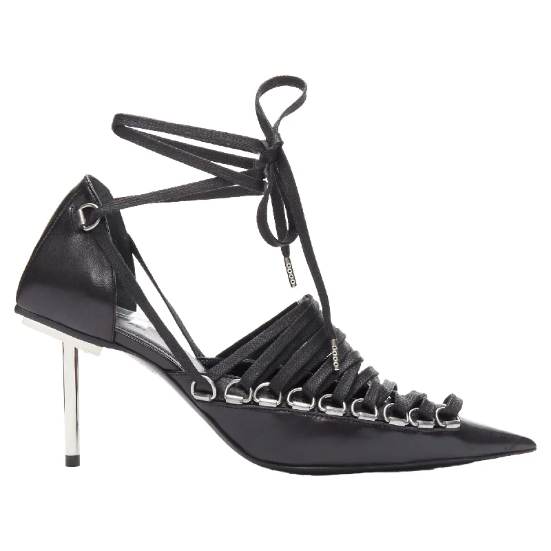 Women's pointed - toe slingback stiletto heel pumps in a peep - toe designBalenciaga corset leather silver buckles laced pump