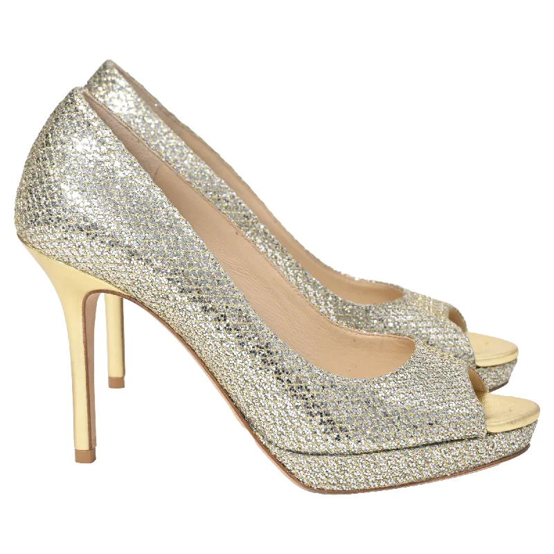 Women's mule - style stiletto heel pumps with a bow accentJimmy Choo Peep Toe Dahlia Pumps in Silver Glitter