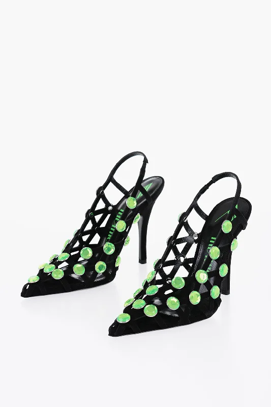 Women's genuine leather stiletto heel pumps with a soft finishThe Attico Suede Grid Slingback With Jewels And Heel 8,5Cm