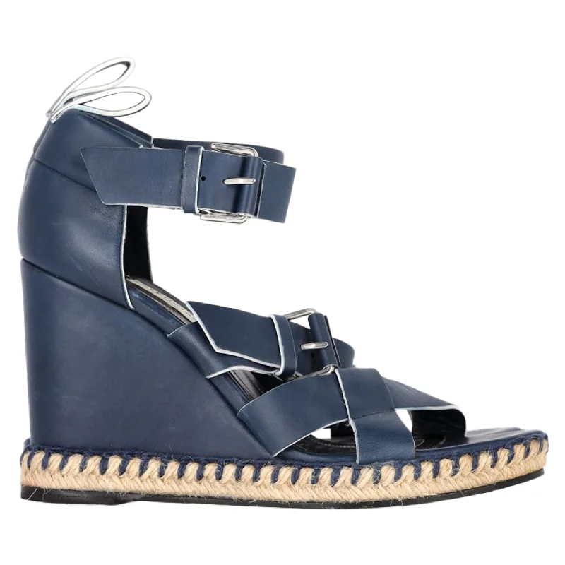 Women's cocktail party stiletto heel pumps with a unique patternBalenciaga Buckle Straps Espadrille Wedge Heels in Navy Blue Leather
