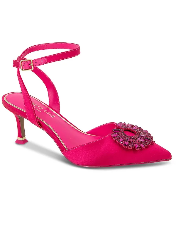 Women's wedding stiletto heel pumps with a pearl - encrusted strapWomens Satin Pointed Toe Slingback Heels