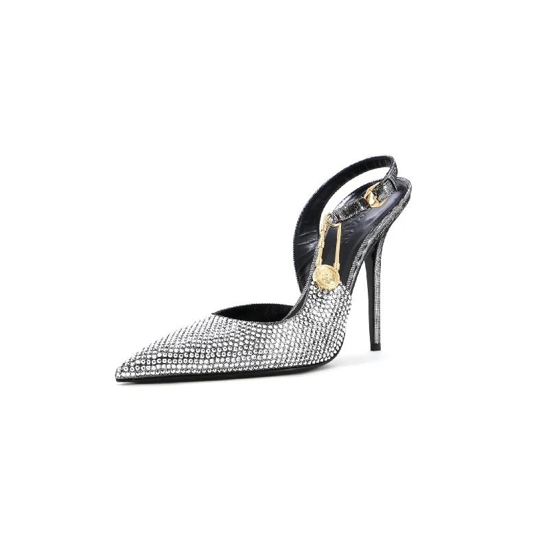 Women's office - appropriate stiletto heel pumps with a low - heel optionWomen's Safety Pin Slingback Pumps Crystal Embellished Satin