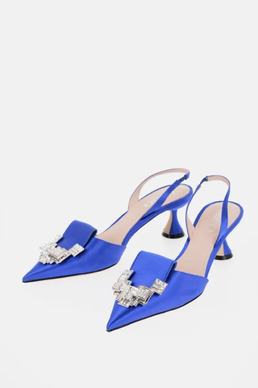 Women's snakeskin - embossed stiletto heel pumps for a bold statementRodo Solid Color Satin Slingback Pumps With Jewels Heel 6.5Cm