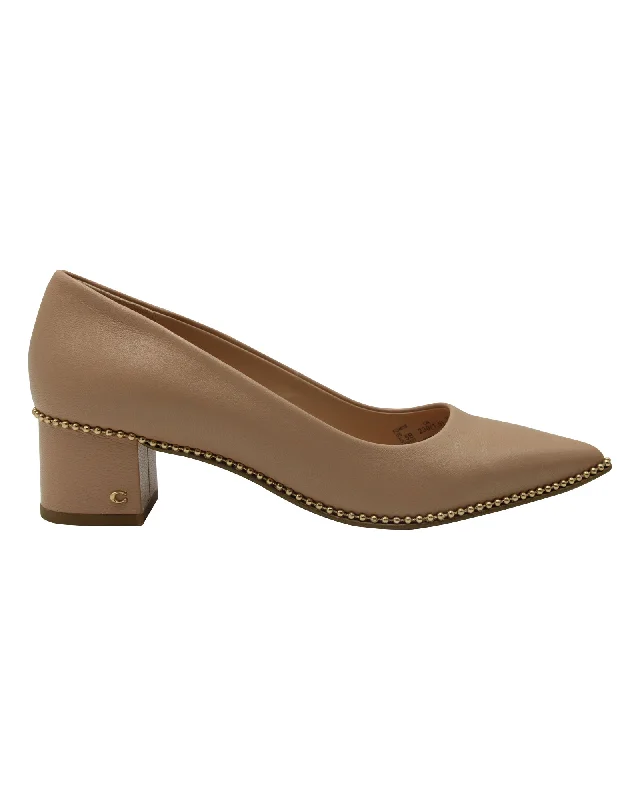 Women's platform stiletto heel pumps with a chunky soleCoach Block Heel Willa Pumps in Beige Leather