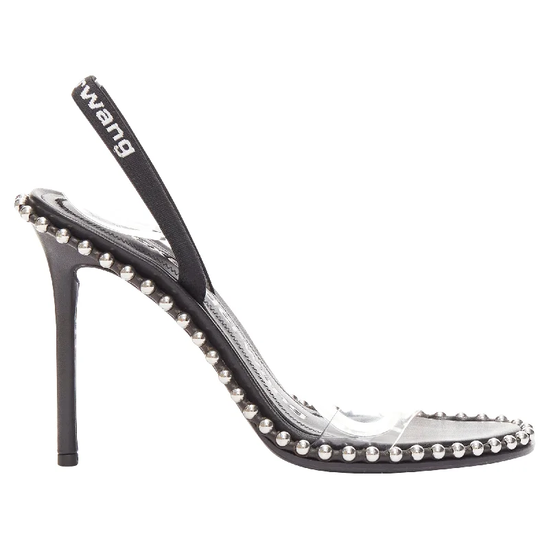 Women's breathable stiletto heel pumps for warm weatherAlexander Wang Nova 105 silver studded black logo slingback heels
