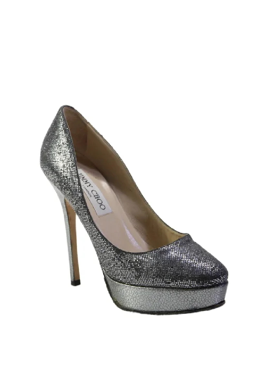 Women's velvet - covered stiletto heel pumps for a luxurious lookJimmy Choo Womens Platform Slide On High Heel Pumps Pewter Silver