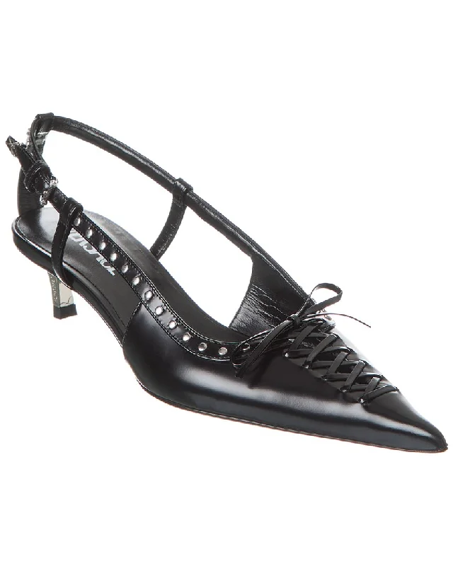 Women's forest green stiletto heel pumps for a nature - inspired lookVersace Laced Pin-Point Leather Slingback Pump