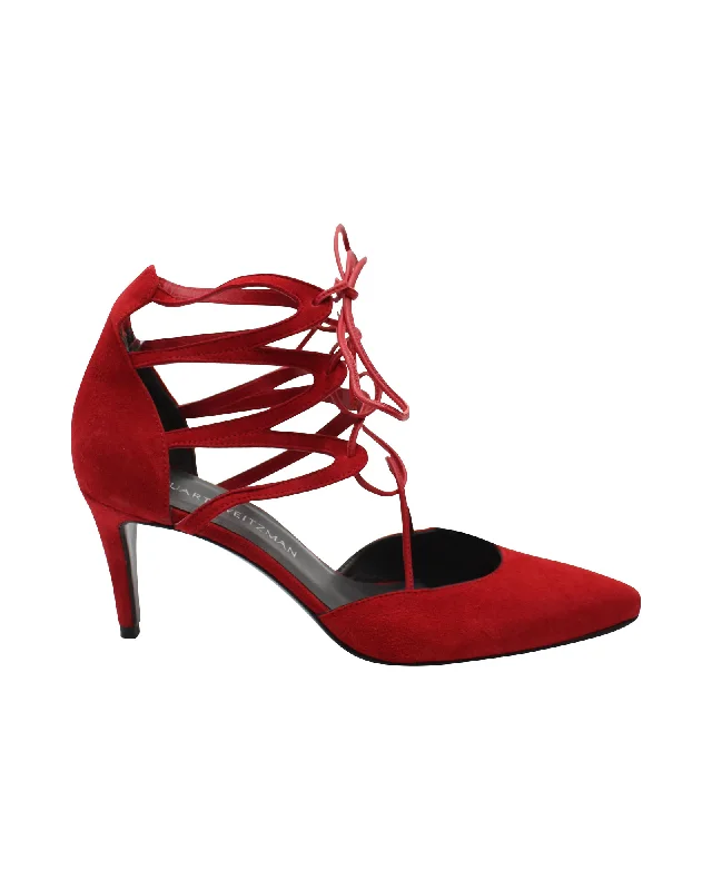 Women's hypoallergenic stiletto heel pumps for sensitive skinStuart Weitzman Strappy Pumps in Red Suede