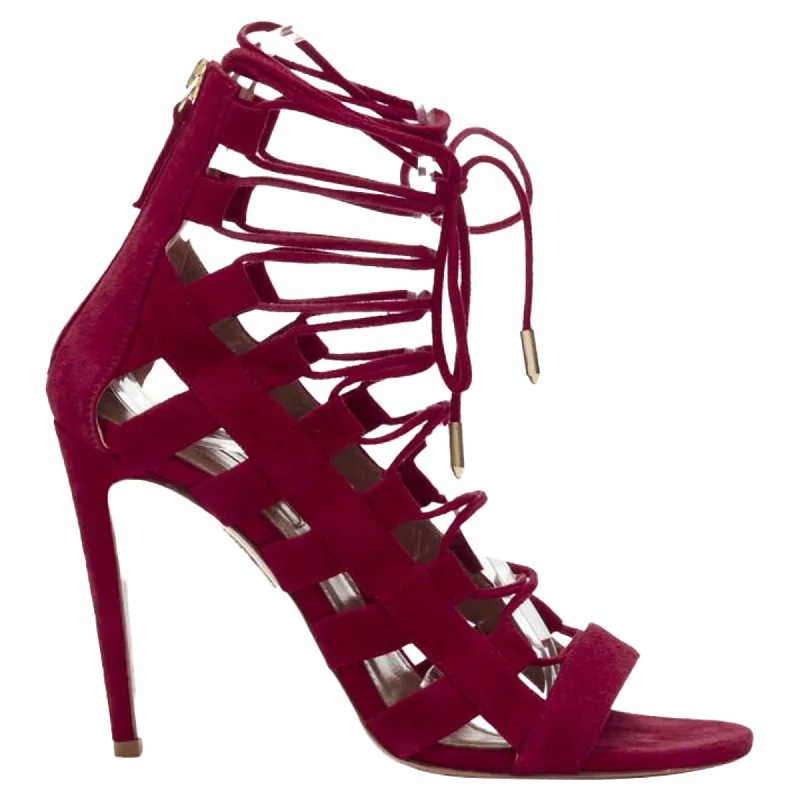 Women's brocade stiletto heel pumps with a vintage feelAquazzura Amazon dark red lace-up sandals high heels