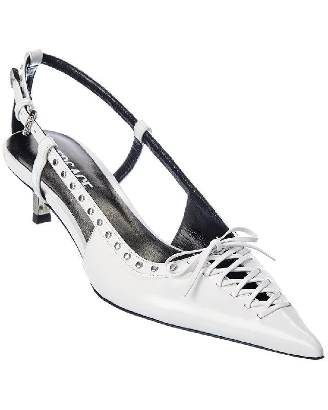Women's platform stiletto heel pumps with a chunky soleVersace Laced Pin-Point Leather Slingback Pump