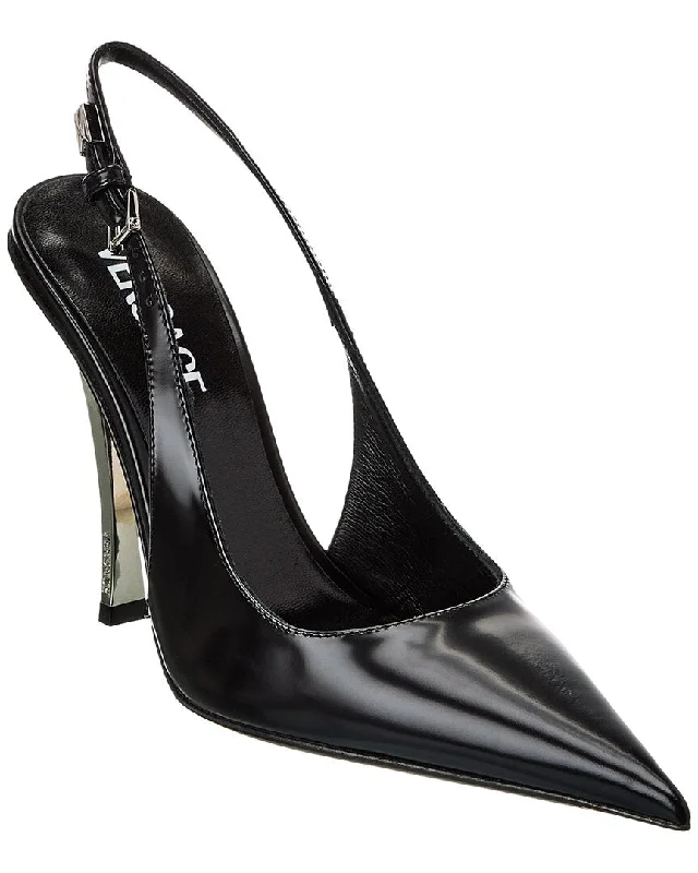 Women's burgundy stiletto heel pumps for a sophisticated appearanceVersace Pin-Point Leather Slingback Pump