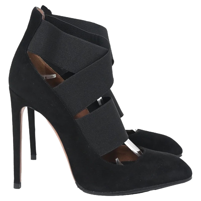 Women's patent leather stiletto heel pumps with a high - shine finishAlaïa Bandage Strap High Heel Pumps in Black Suede