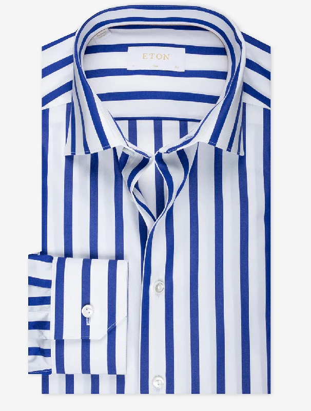 Blue Striped Elevated Poplin Slim Fit Shirt